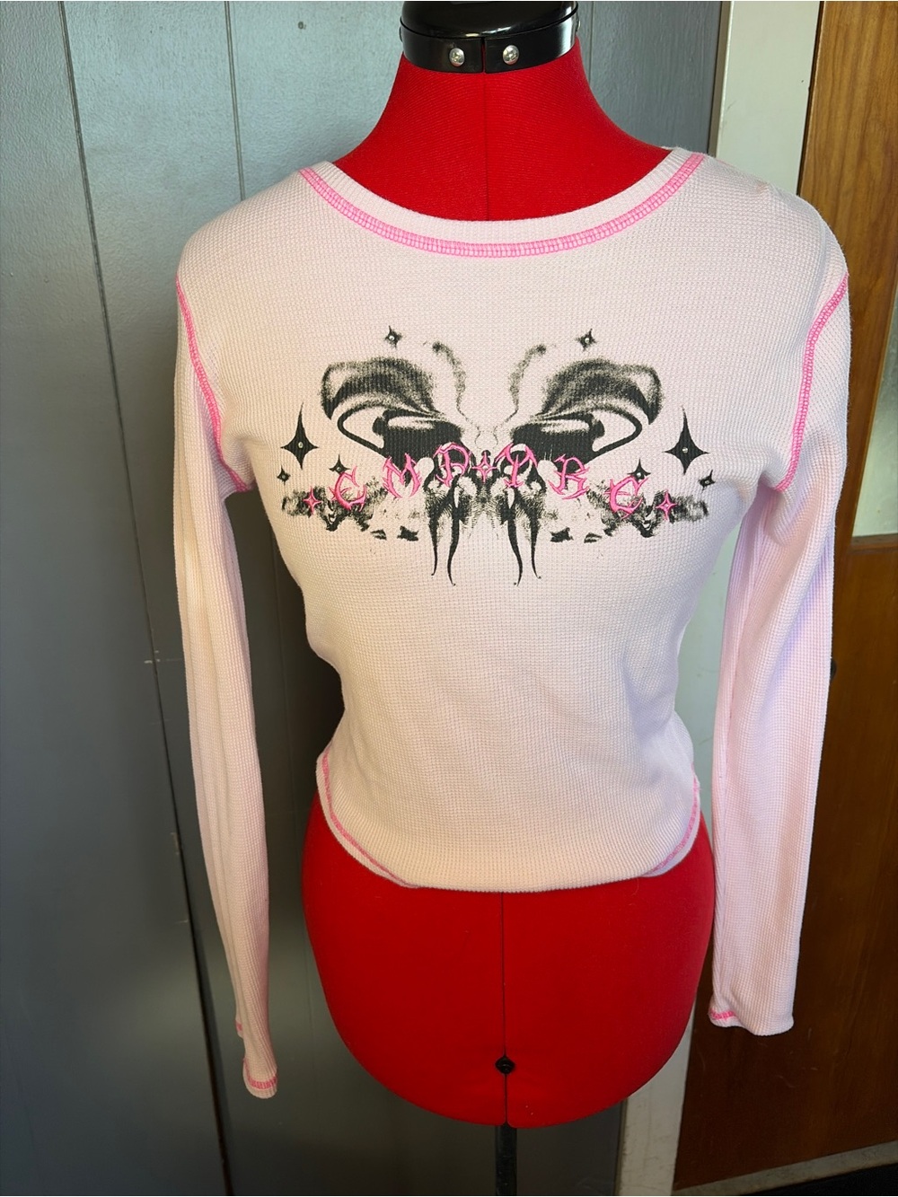 Empyre Light Pink Long Sleeve Thermal Top with Black Graphic